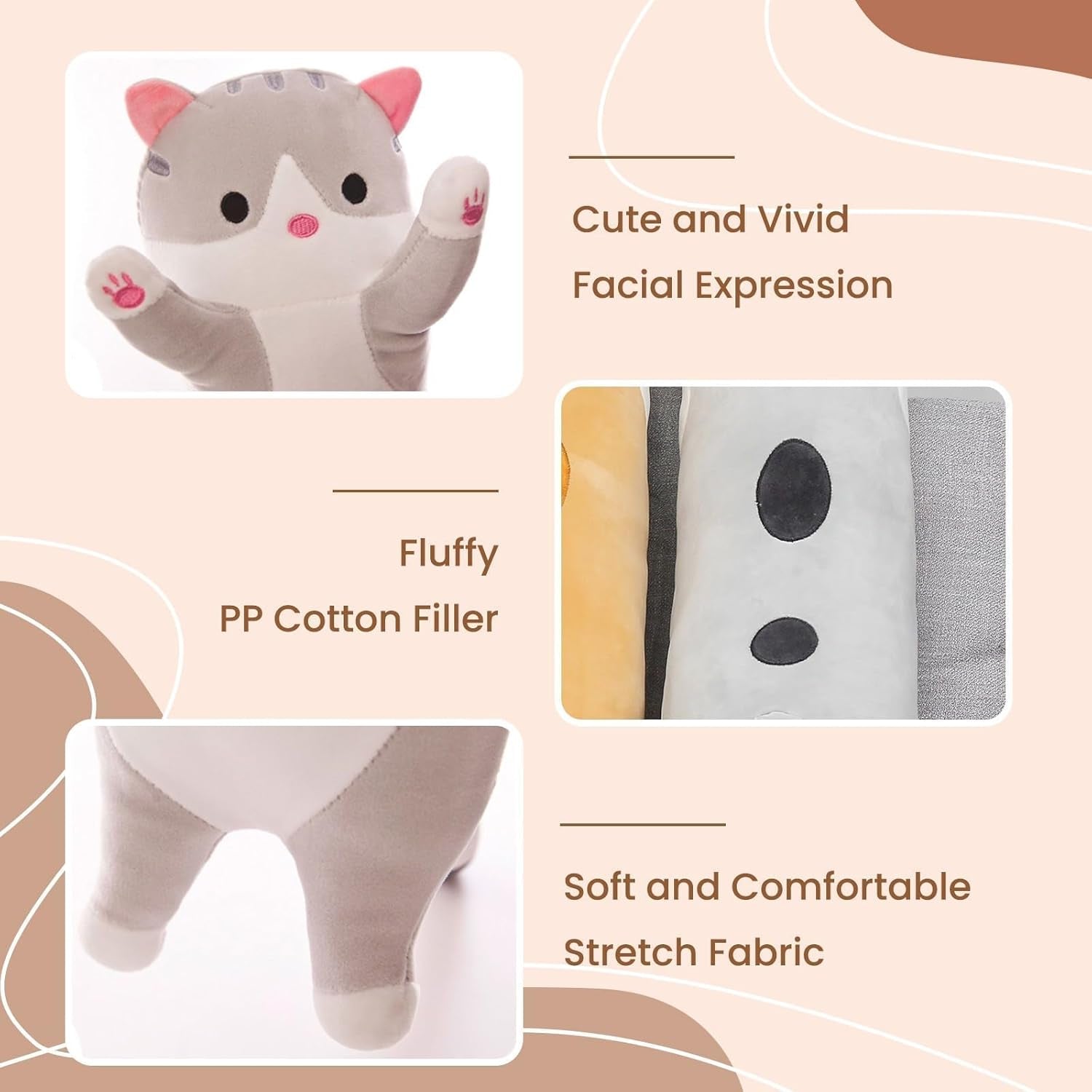 Cat Soft Pillow Plush Long Throw Sleeping Pillow Cotton Kitten Pillow Cuddly Stuffed Cute Plush Doll Gift for Girlfriend (Gray, 19.7Inch)