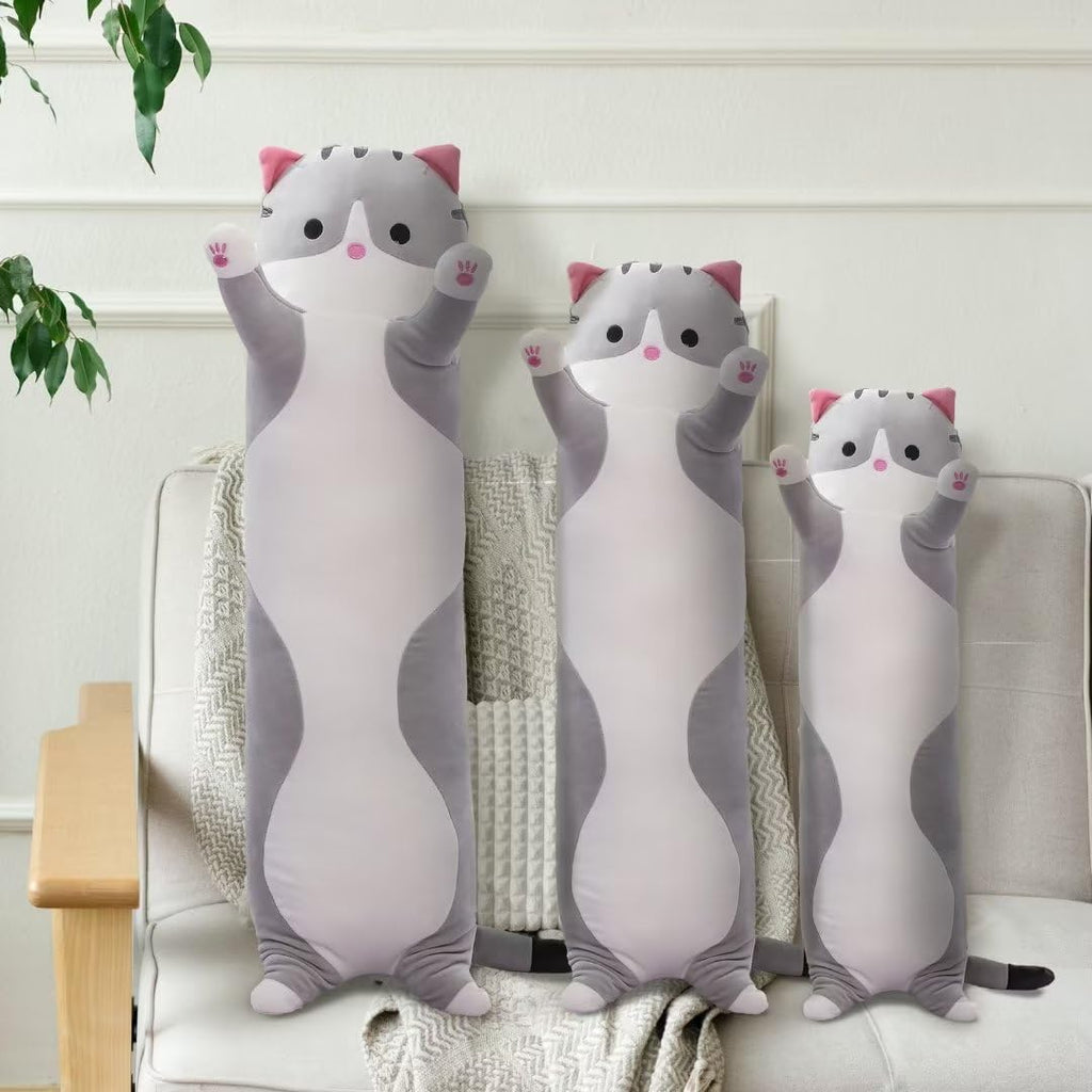 Cat Soft Pillow Plush Long Throw Sleeping Pillow Cotton Kitten Pillow Cuddly Stuffed Cute Plush Doll Gift for Girlfriend (Gray, 19.7Inch)