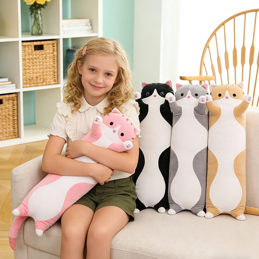 Cat Soft Pillow Plush Long Throw Sleeping Pillow Cotton Kitten Pillow Cuddly Stuffed Cute Plush Doll Gift for Girlfriend (Gray, 19.7Inch)