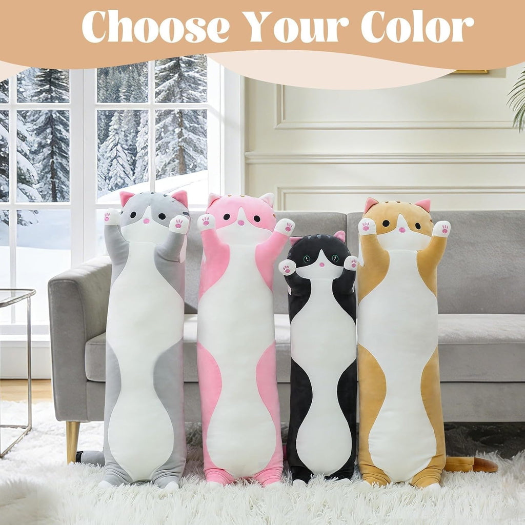 Cat Soft Pillow Plush Long Throw Sleeping Pillow Cotton Kitten Pillow Cuddly Stuffed Cute Plush Doll Gift for Girlfriend (Gray, 19.7Inch)