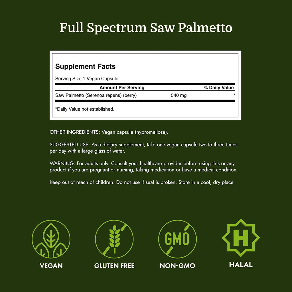Saw Palmetto - Herbal Supplement Promoting Male Prostate Health Support - Natural Hair Supplement & Urinary Health Support - 540 Mg 250 Capsules