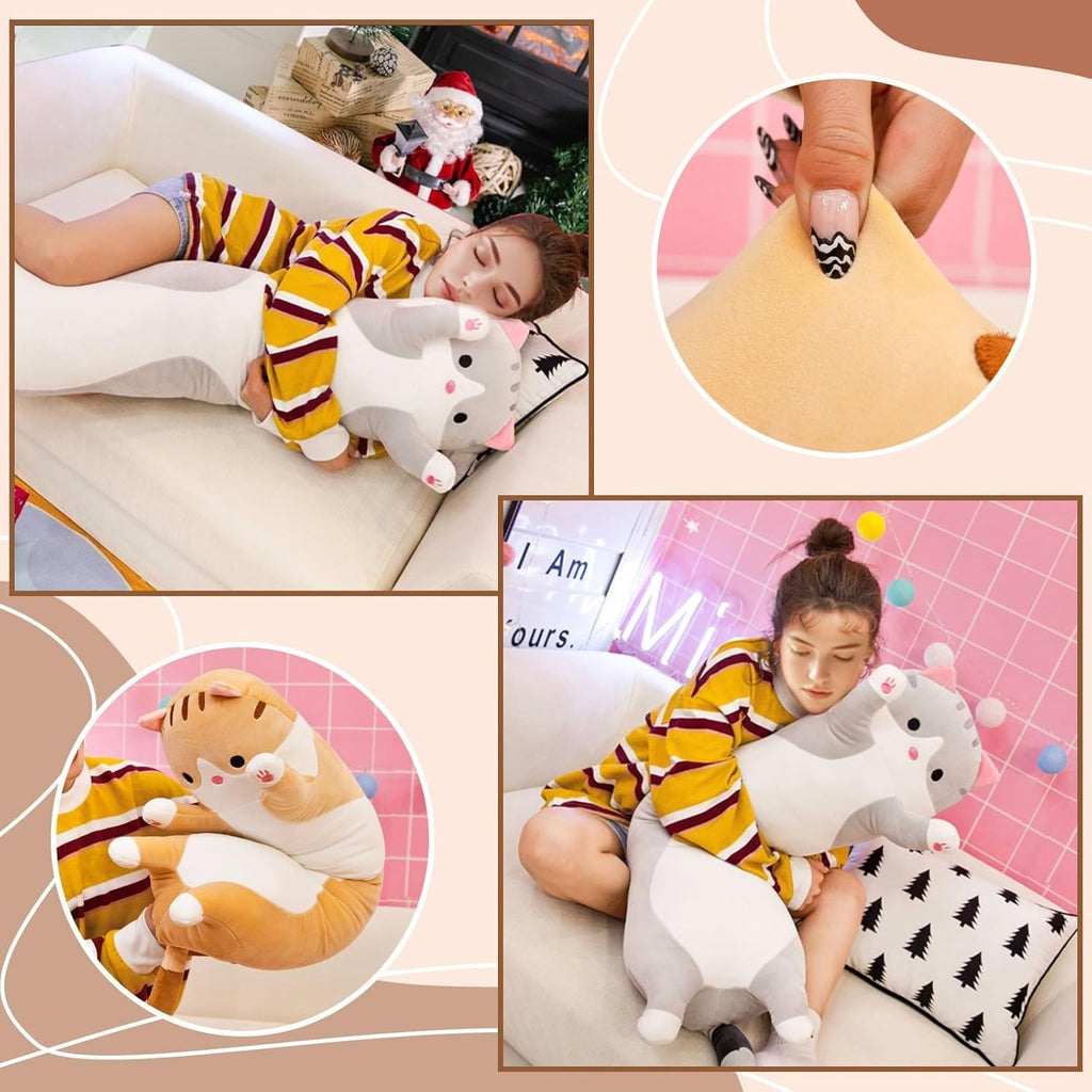 Cat Soft Pillow Plush Long Throw Sleeping Pillow Cotton Kitten Pillow Cuddly Stuffed Cute Plush Doll Gift for Girlfriend (Gray, 19.7Inch)