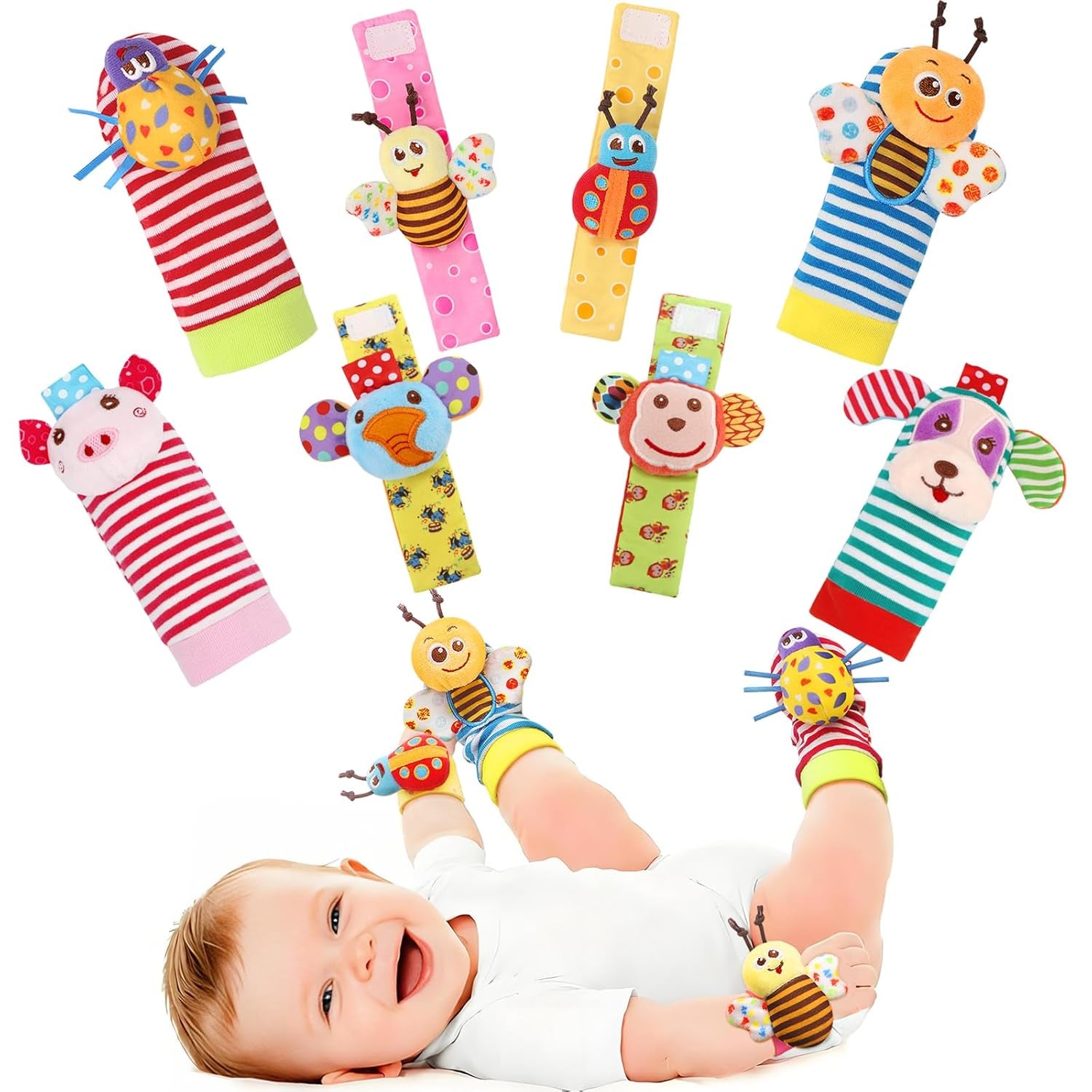 Baby Soft Rattle Toy Foot Finder Socks Wrists Rattles Ankle Leg Feet Hand Arm Bracelet Activity Rattle Baby Shower Present Gift for Neborn Baby Infant Boy Girl Bebe (8 Pcs)